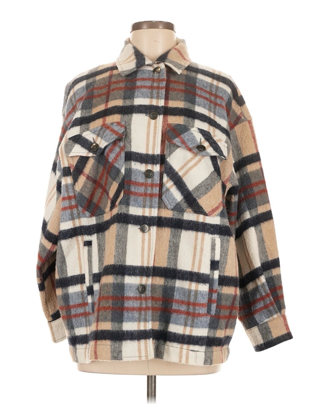 Zara Plaid Oversized Shacket - Cream, Navy & Tan